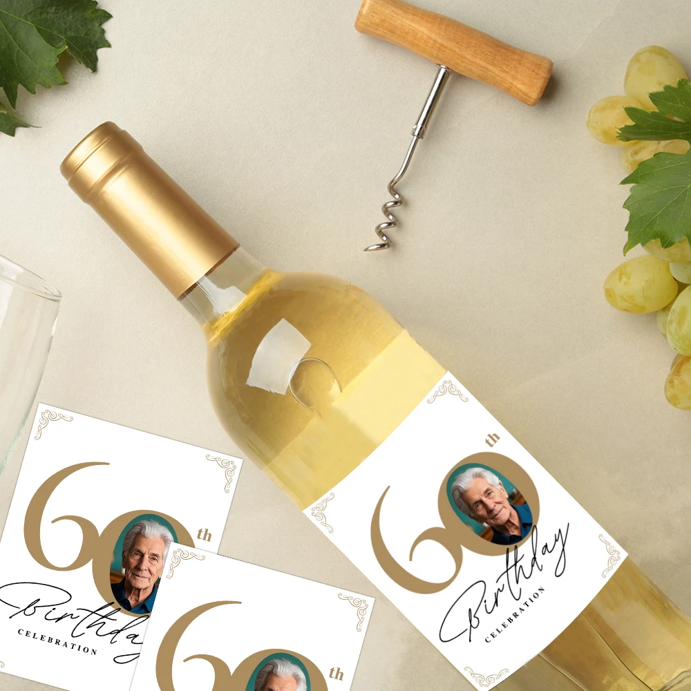 6pcs Custom 30 40 50 60 70 Years Old Birthday Party Face Photo Paper Wine Bottle Stickers Labels Adult Birthday Party Decoration view 3