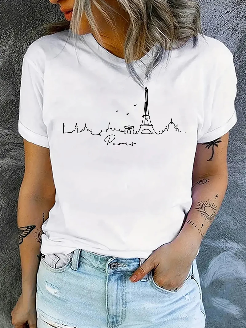 Eiffel Tower Paris Graphic Print Women T Shirt Short Sleeve Crew Neck Summer Casual Tops for Women Clothes