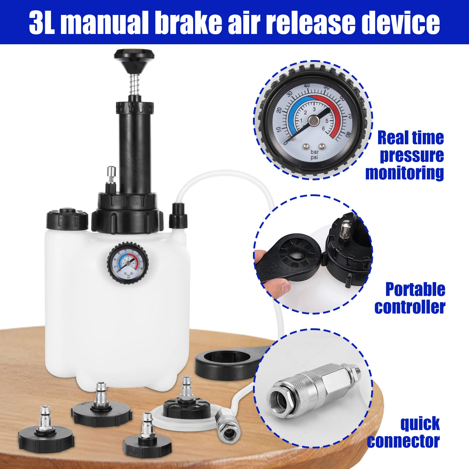 3L Pneumatic Brake Bleeder Kit, Professional Vacuum Brake Pressure Fluid Pump, Universal Car Brake Flush Machine