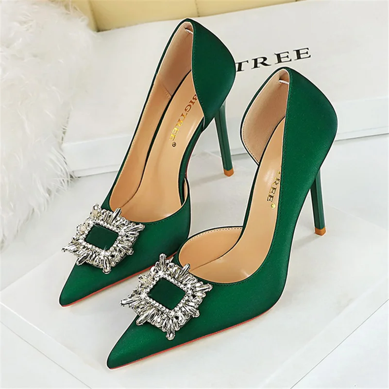 Women 10.5cm High Heels Women Satin Silk Crystal Bling Rhinestone Pumps Lady Wedding Bridal Scarpin Green Purple Blue Prom Shoes