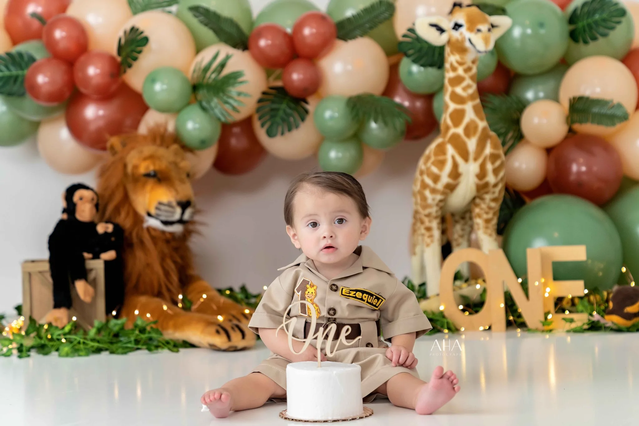 Forest Brown Green Balloons Cake Smash Backdrops Animal Zoo Lion Giraffe ChildrenBirthday Decoration Photocall Photo Backgrounds