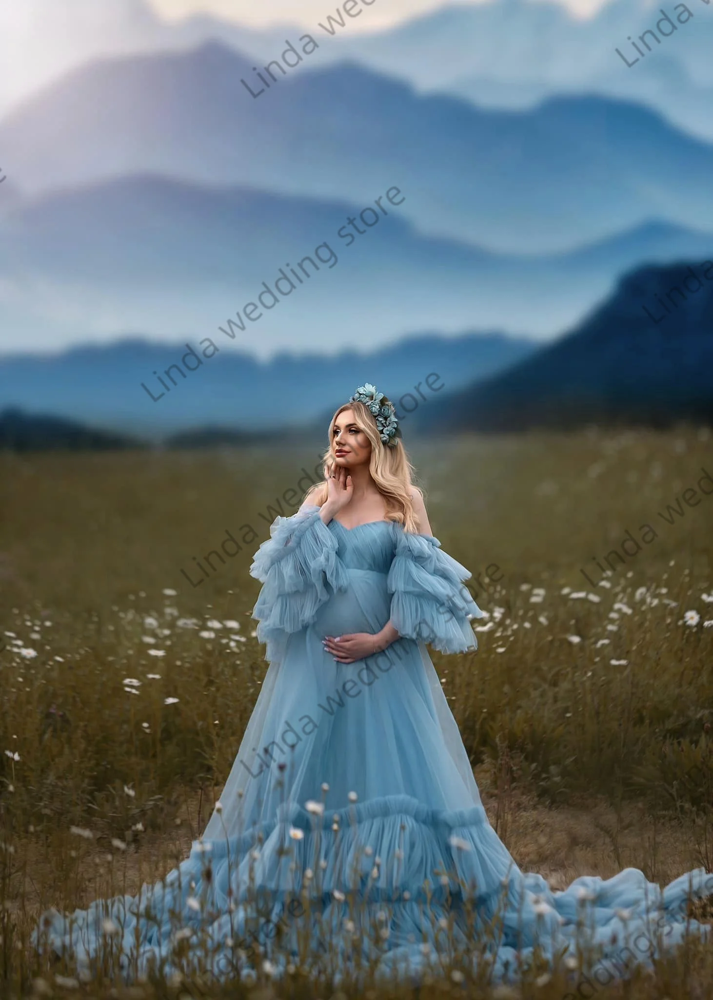 Elegant Sky Blue Maternity Dresses Sweetheart Neckline Off The Shoulder Vestidos For Photoshoot Pros Pregnant Woman Gowns