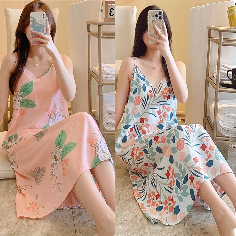 

Summer Girl Fashion Flower Pattern Sleepshirts Women Sexy Artificial Cotton Silk Suspender Dress Pajamas Thin Home Wear