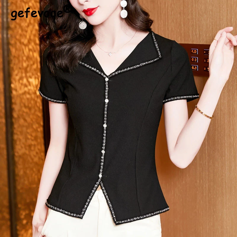 

Women Bright Silk Diamond Buttons Chic Elegant Knitted T Shirt Summer Fashion V Neck Short Sleeve Slim Tops Black Ropa De Mujer