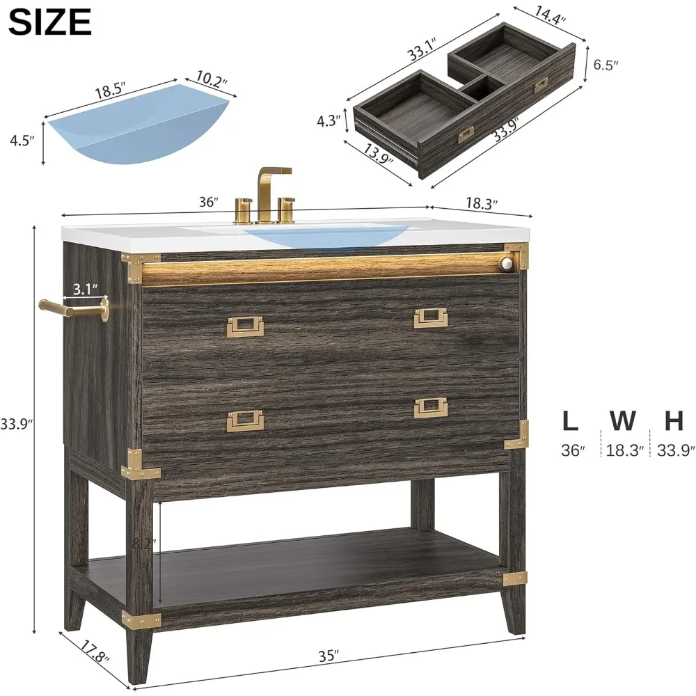 ชุดโต๊ะเครื่องแป้งไม้แบบตั้งพื้นพร้อมไฟส่องสว่างอัตโนมัติและลิ้นชัก 2 ช่องสำหรับห้องน้ำ