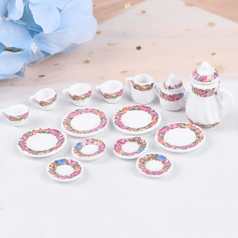 15 Pçs/set 1:12 Casa de Bonecas Miniatura Talheres Porcelana Cerâmica Conjunto de Xícaras de Chá Brinquedos