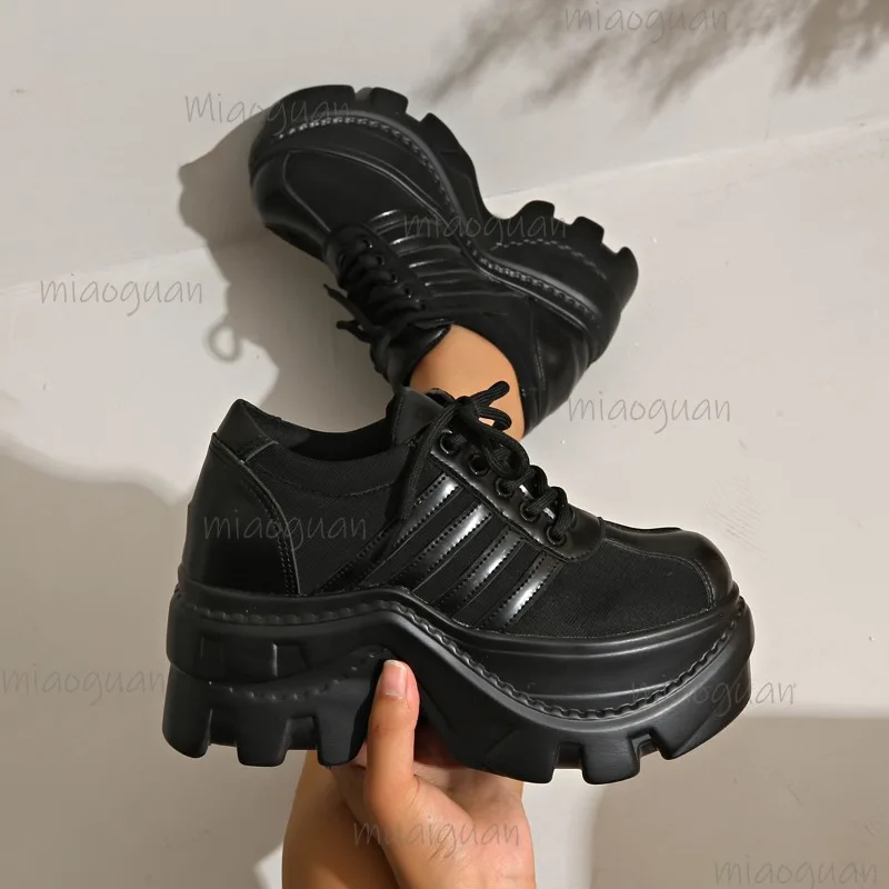 Black Platform Shoes Punk Height Increasing Lace-Up Casual Sneakers for Women Gothic Fashion Footwear Chunky Sole Size 35-42 image 2