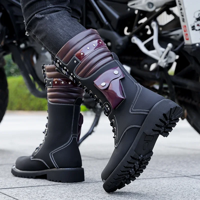 Fashion Punk Motorcycle Boots Men Boots Winter High Heel Casual Lace-up Leather High Black Biker Solid Boot Military Men Shoes