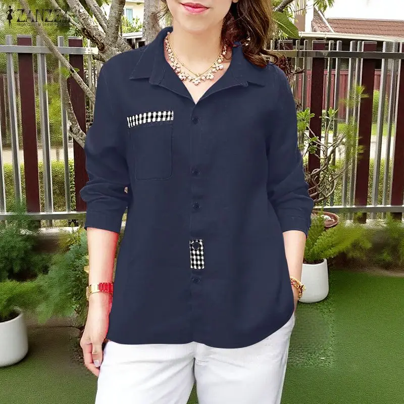 

2026 ZANZEA Spring Plaid Patchwork Shirts Fashion Women Shirt Lapel Neck Long Sleeve Tops Female OL Work Blouse Button Up Blusas