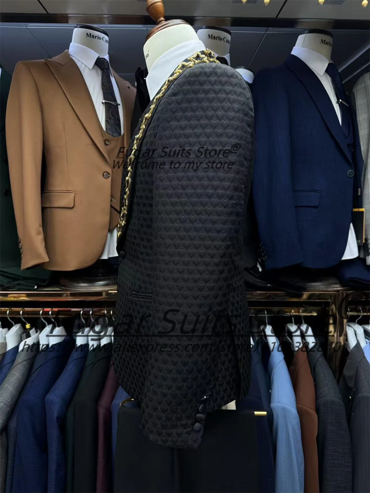 Elegant Handmade Gold Embroidery Men Suits Customized Slim Fit Shawl Lapel Groom Wedding Tuxedos 2 Pieces Sets Male Prom Blazers