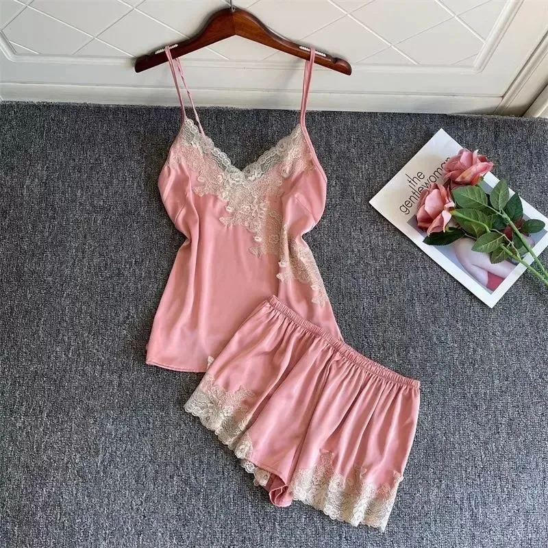 

Women Silk Pajamas Lace Satin Cami Pjs Set Y2k V Neck Crop Tops and Shorts Loungewear Sexy 2 Piece Lingerie Set Sleepwear