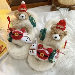 Christmas Women Bear Cotton Plush Slippers 2024 Winter Warm Fluffy Fur Slippers Non-slip Sole Indoor Home Couple Shoes for Gift