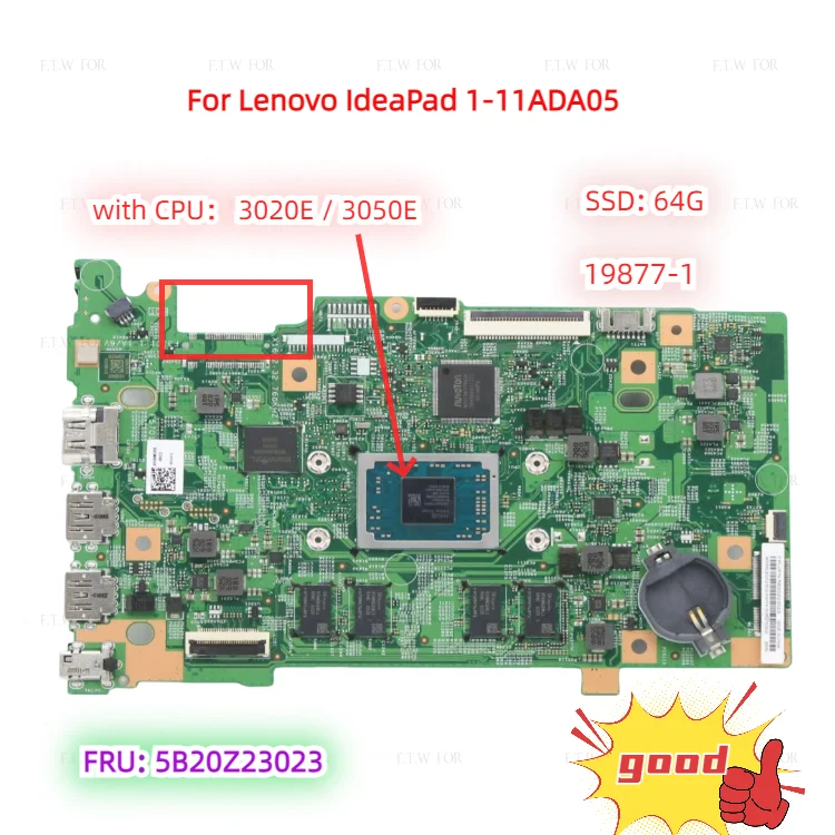 Hot FRU:5B20Z23023 For Lenovo IdeaPad 1-11ADA05 laptop motherboard 19877-1 with CPU 3020E/3050E UMA SSD 64G 82GV 100% test work