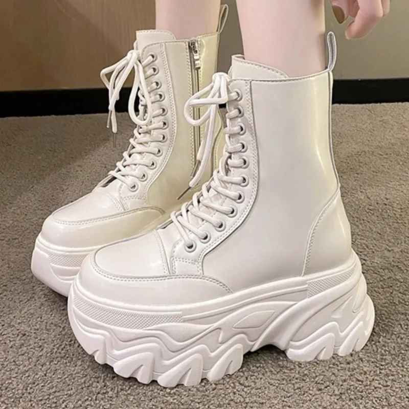 Chunky Heels Motorcycle Boots 2023Women Autumn Winter White Black Thick Platform Ankle Boots Woman Lace-Up Non-Slip Combat Botas