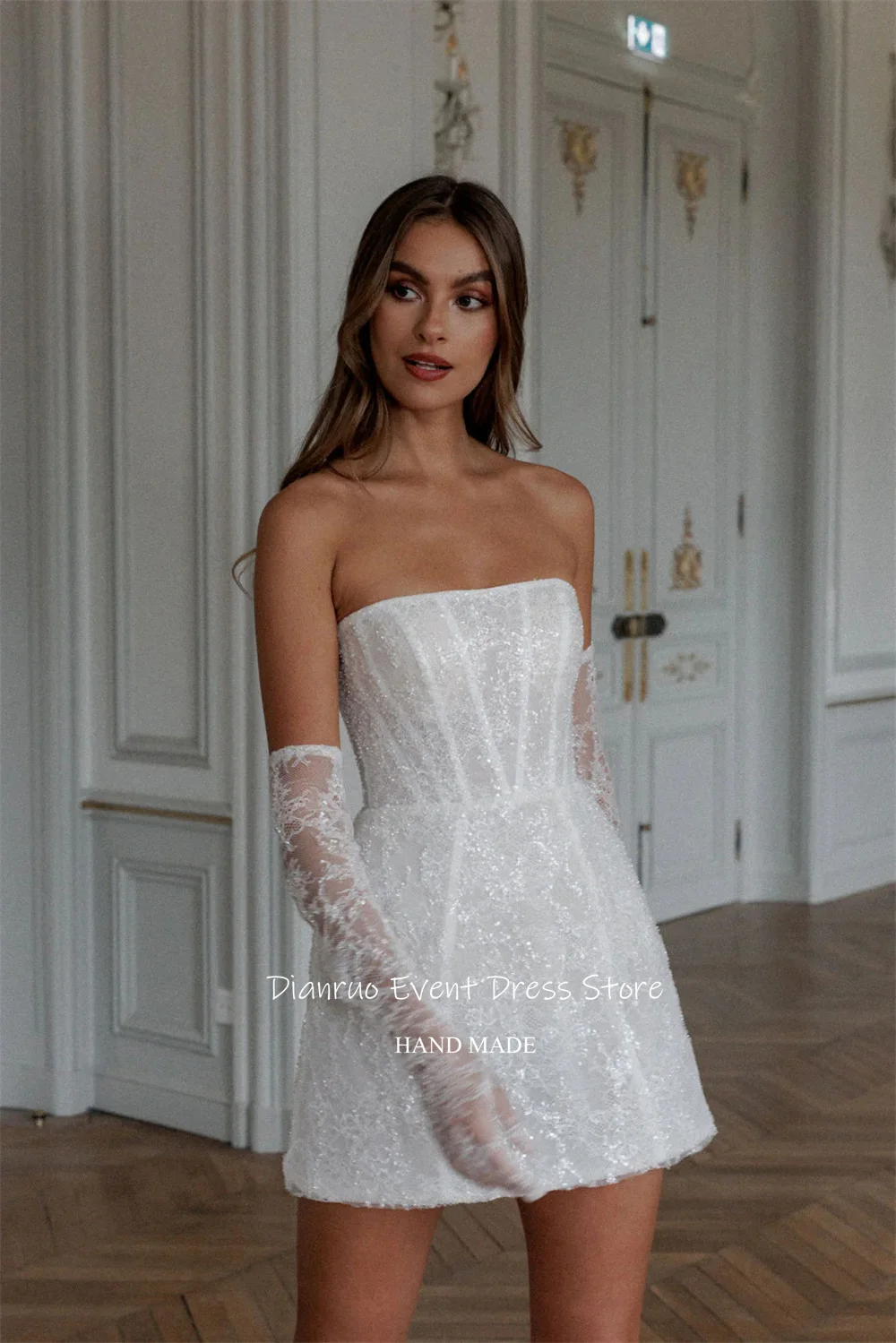 Dianruo Sexy Mini A Line Wedding Dresses Strapless Sequined Bride Gowns Lace High Quality Simple White Prom Dresses Customized