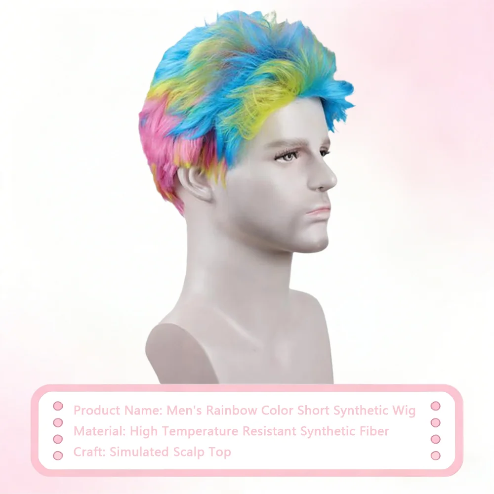 Rainbow Full Head Wig Men Short Curly Wig Multicolor Heat Resistant Synthetic Hair For Carnival Halloween Cosplay Daily view 4