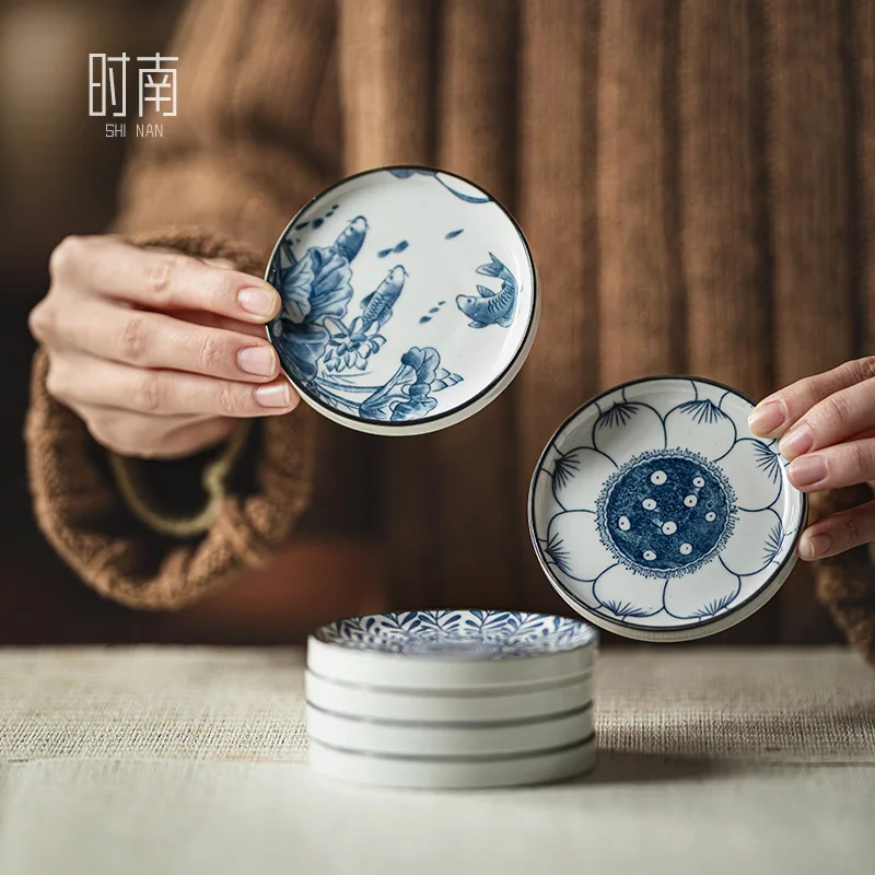 

Ceramic Tea Set Coaster Blue White Porcelain Chinese Tea Plate Wedding Engagement Set Table Pastry Plate Delicate Snack Plate