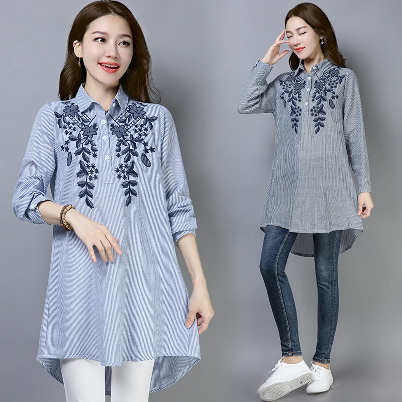 

Vintage Flower Embroidery Women Shirts 2024 Summer Long-Sleeved Loose Long All Match Female Shirts Outwear Coat Tops