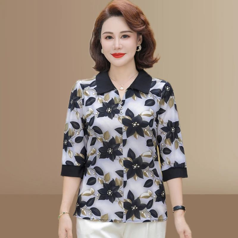 بلوزة نسائية في منتصف العمر صيفية جديدة غير رسمية على الموضة للأم ثلاثة أرباع الأكمام قميص مطبوع سترة Blusa الأنثوية