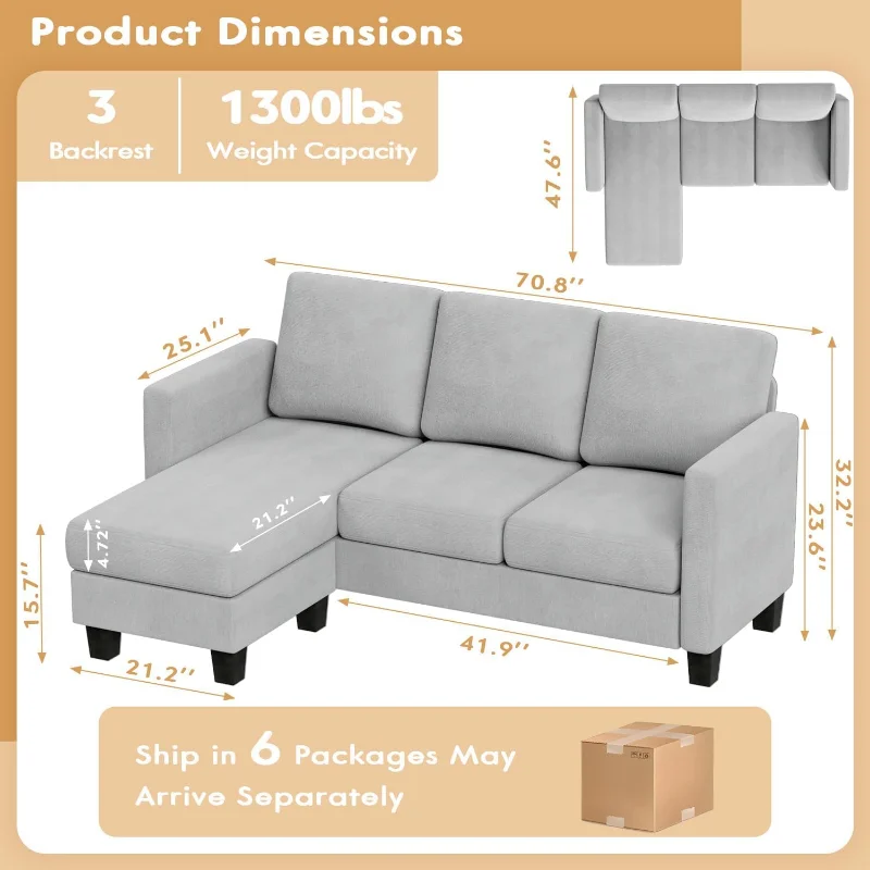 Convertible Sectional Sofa Couch, L-Shaped 3 Seat with Linen Fabric and Movable Ottoman, for Small Apartments, Living Room and O