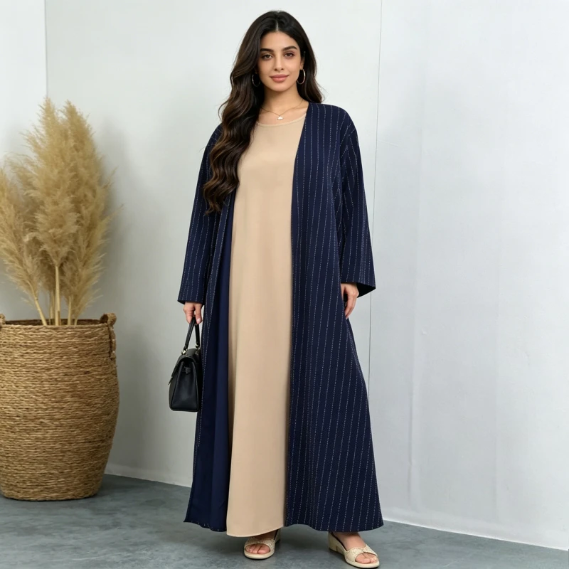 

Abaya Women Eid Dress Cardigan Robe Muslim Open Dresses Stripe Diamonds Abayas Jalabiya Ramadan Kaftan Morocco Dubai Vestidos
