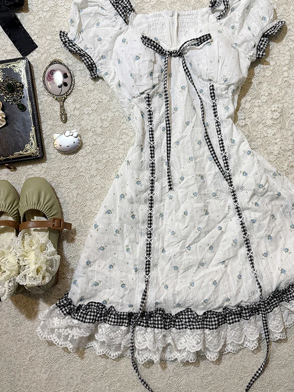 فستان صيفي أصلي بطباعة زهور عتيقة للنساء، تنورة قصيرة من الدانتيل بتصميم A-Line، مزيج قطني مريح بأكمام قصيرة