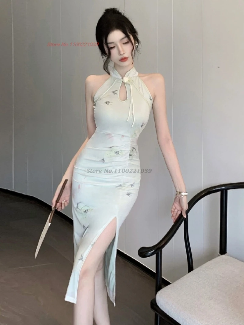 

2025 китайское улучшенное Cheongsam без рукавов Ципао с цветочным принтом вечернее платье традиционное банкетное платье Ципао для ночного клуба