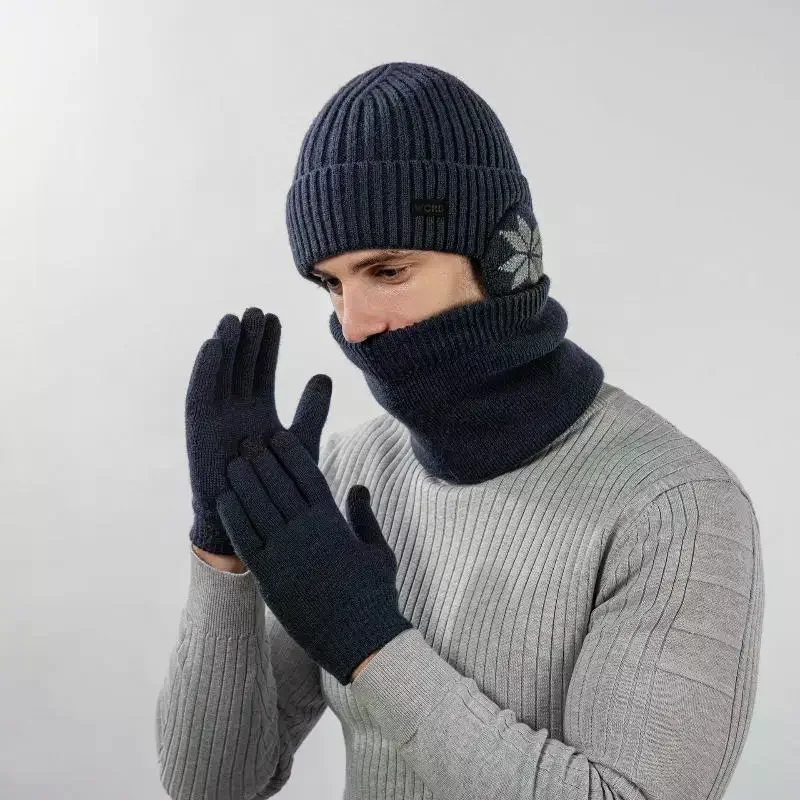 Winter Warm Thicken Hat Scarf And Gloves Set Mens Thermal Fleece Lined Slouchy Beanie Neck Scarves Gloves 3 In 1 Warm Set