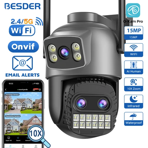 Imagen 1 del producto BESDER-cámara Wifi de 15MP para exteriores, pantalla Dual, Zoom Digital 10X, cámara de videovigilancia CCTV PTZ, cámara IP de seguridad de 8MP, o-kam Pro