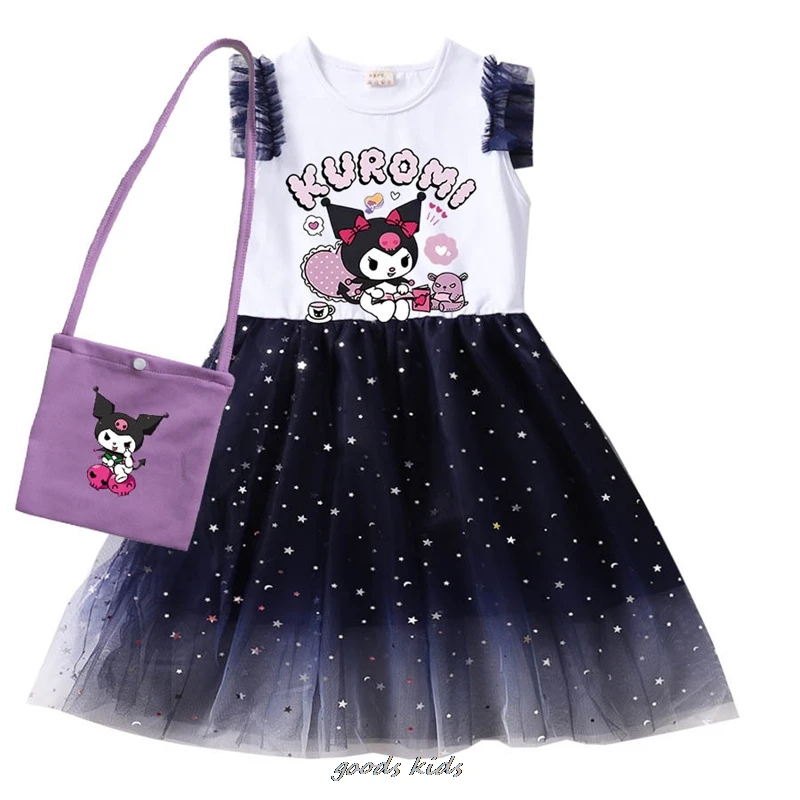 Lovely Kuromi Melody Print Dress Clothes Baby Girls Casual Dresses with Small Bag Kids Cartoon Wedding Party Princess Vestidos