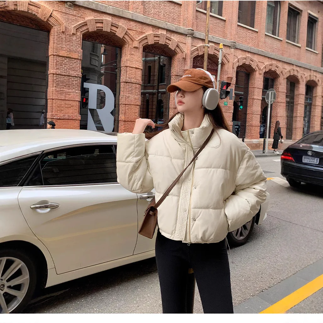 Fashionable Faux Leather Padded Coat Women's Zip Up Stand Collar Cropped Winter Daily Commute Campus Soft New Luxe Chic Coats