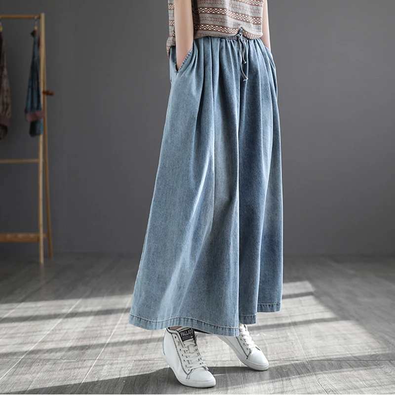 NINI WONDERLAND 2023 Autumn Cotton Denim Casual Pants Vintage Women Spring Elastic Waist Loose Jeans Korean Style Trousers Blue