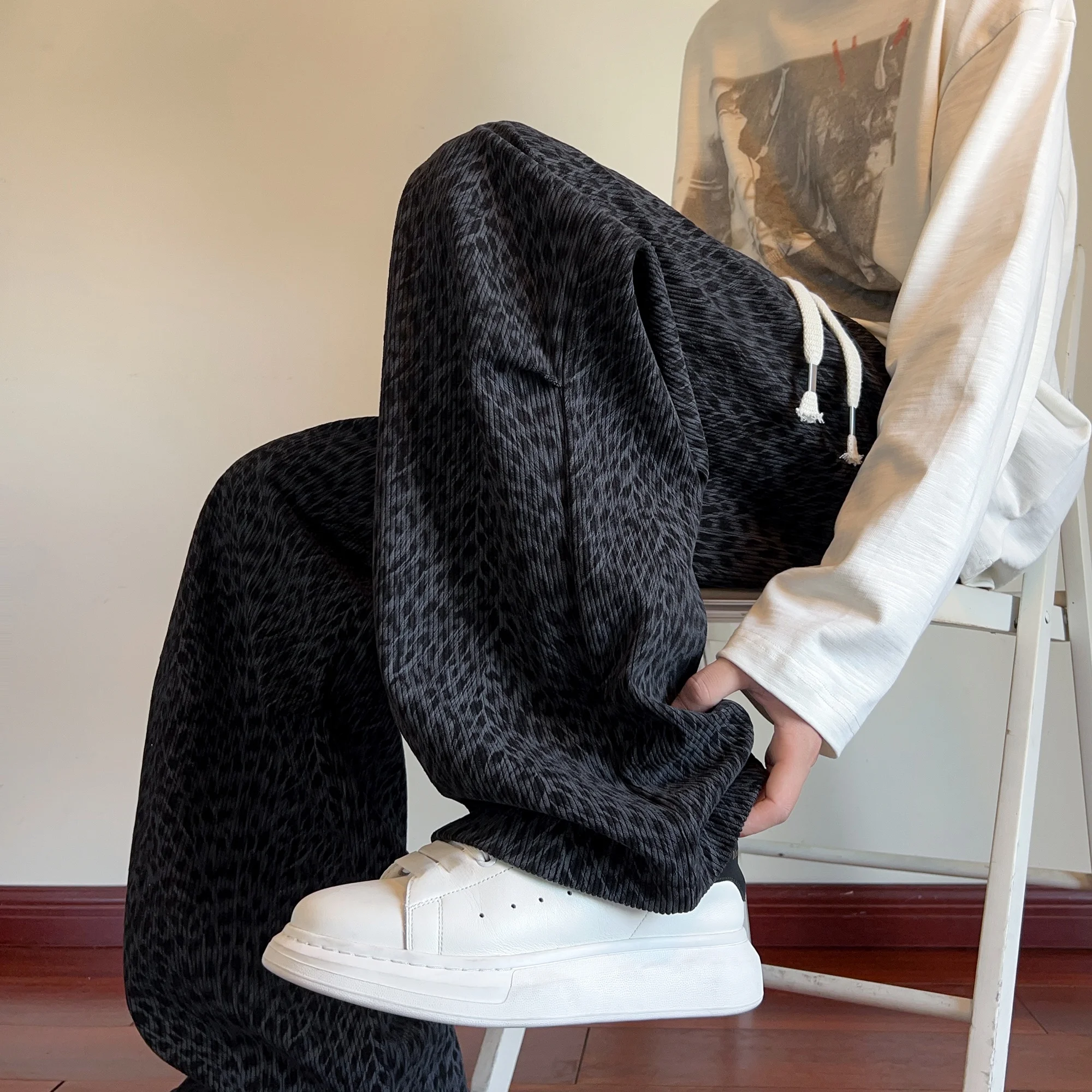 

Men's Straight Leg Casual Pants Thiened Fce Autumn Winter Corduroy Trendy Long Trousers Comfortable Loose Fit Low Waist