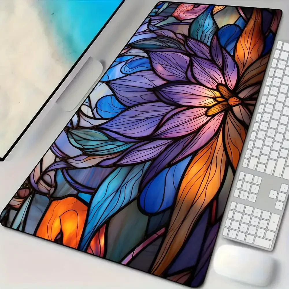 لوحة ماوس بتصميم اللوتس من الزجاج الملون مع حواف مخيطة وقاعدة مطاطية غير قابلة للانزلاق وملحقات الكمبيوتر وسادة ماوس للألعاب
