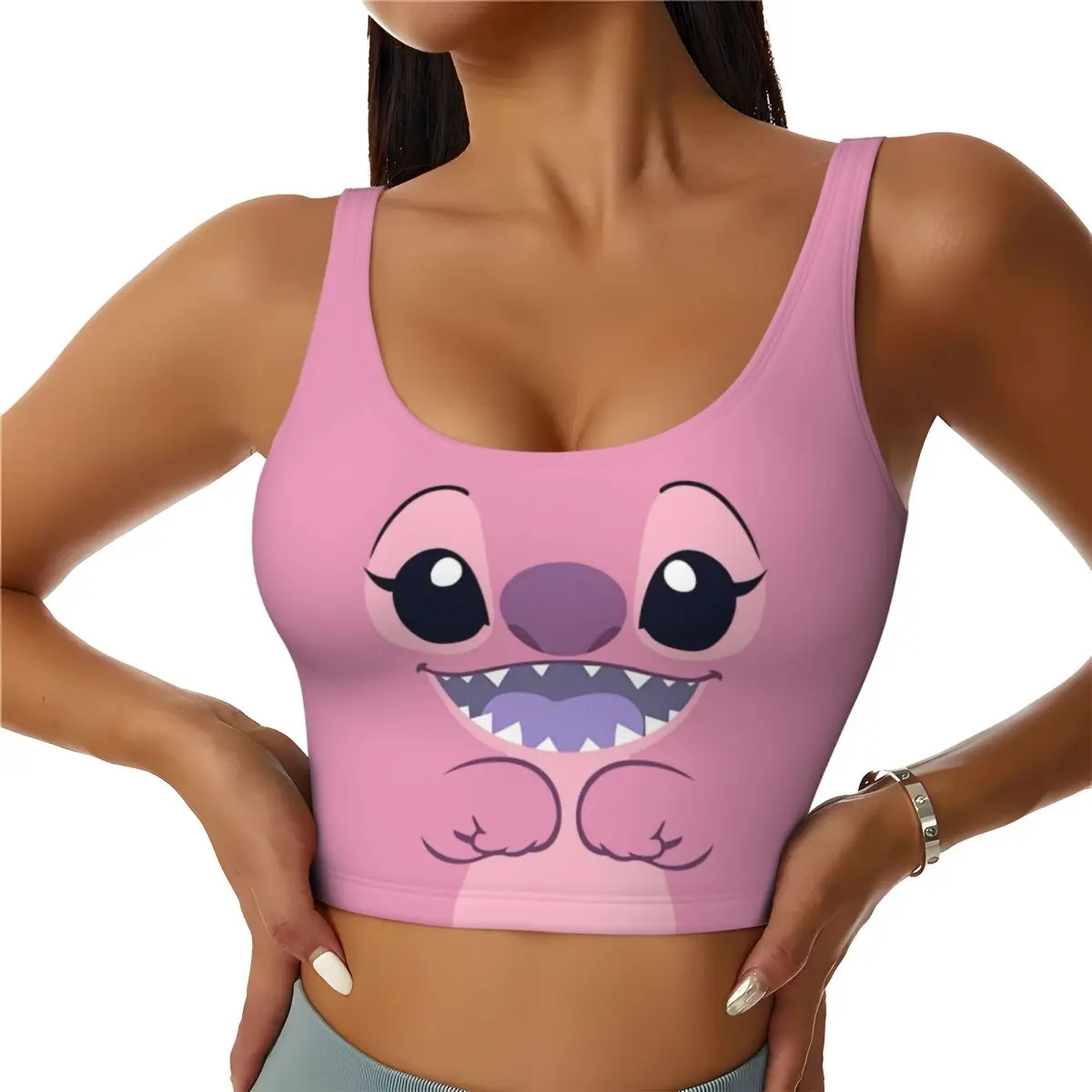 Mujeres personalizadas Stitch Cartoon Cute 1 Sujetador deportivo Entrenamiento de gimnasio de alto impacto Camisetas sin mangas cortas para correr
