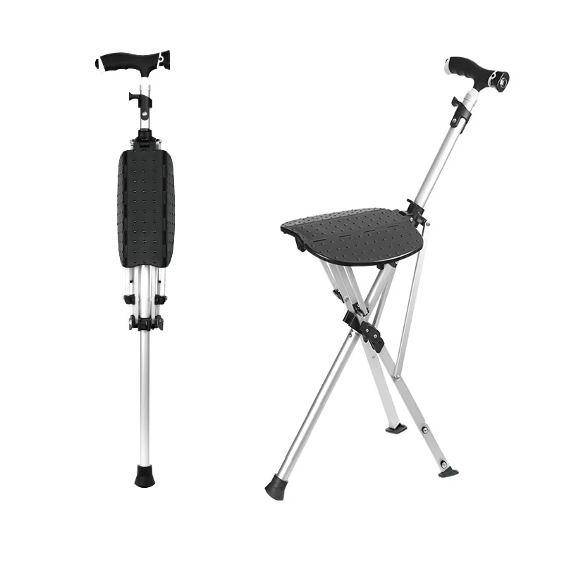 

Folding Cane Chair, Aluminum Alloy 1.1 kg Lightweight Crutch Chair, Non-Slip Rubber Grip, Tripod Stool for Elderly Walking Aid