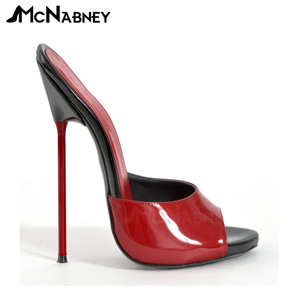 Red Needle Stiletto Mules Sexy Peep Toe Slippers Black and Red Patent Leather Summer Shoes Extremely High Heeled Stiletto Sandal
