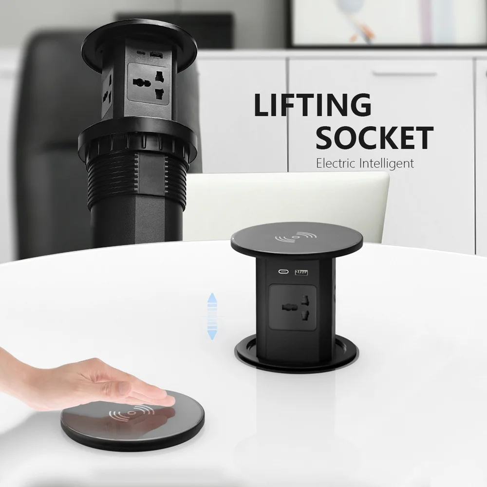 Multifunctional Manual Hydraulic Lifting Desktop Socket, Black 250V 15A Power Outlet, 18W USB A+C Fast Charge Wireless Charger f