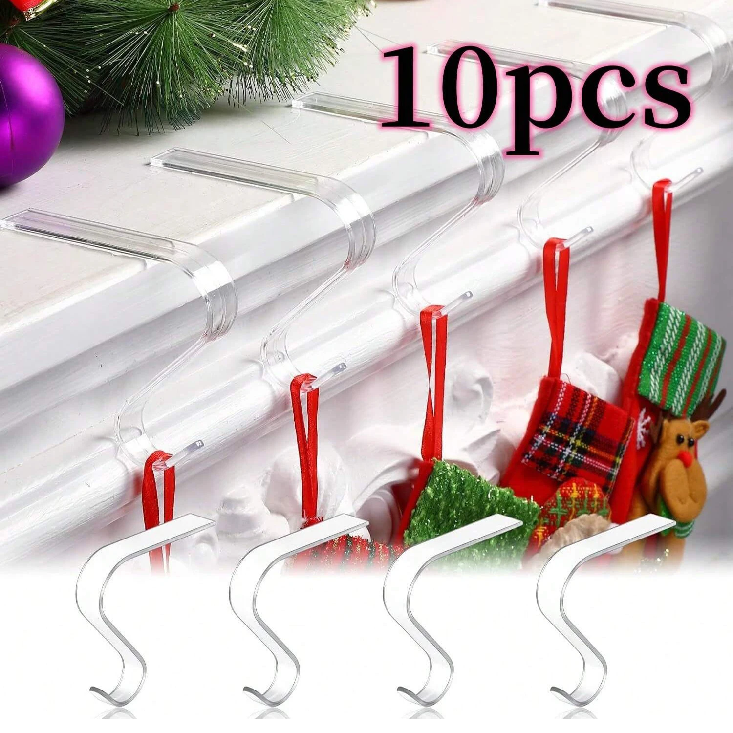 

10Pcs/Set Acrylic Christmas Stocking Holders Anti-slip Xmas Stocking Hangers For Fireplace Christmas Ornament Hooks Party Decor