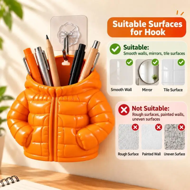 Puffer Jacket Pen Holder with Adhesive Hook, Cute Wall Mounted Pencil Cup, Desktop Organizer, Creative Desk Decor