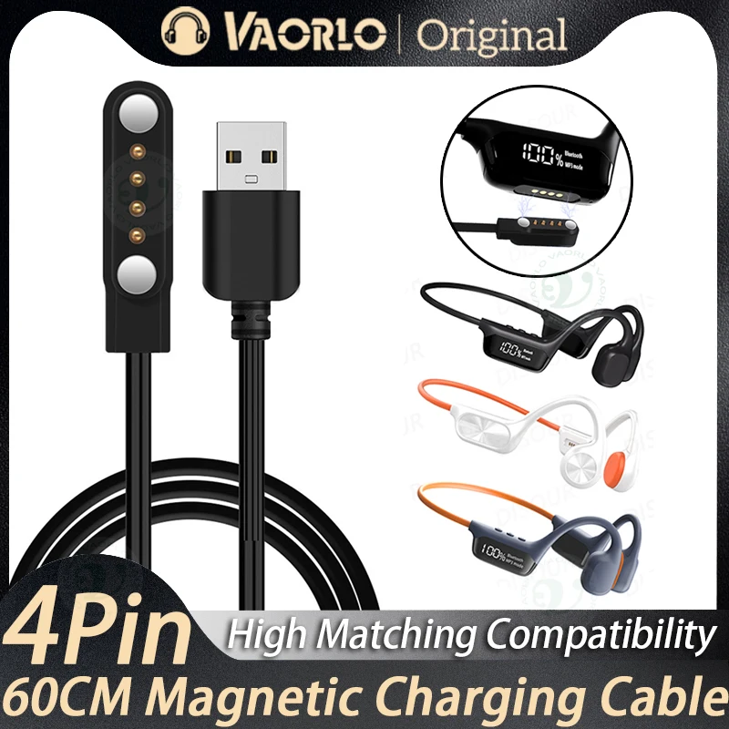 Cabo de Carregamento 5V para Fone de Ouvido por Condução Óssea com Suporte para Transmissão de Dados, Cabo Magnético de 4 Pinos para Headset Sanag/S10/New X7