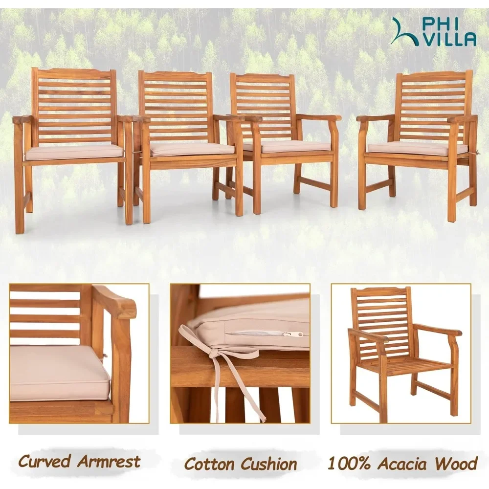 Acacia Wood Outdoor Dining Chairs with Cushions, Patio Oil Finished Wooden Armchairs for Deck, Yard, Porch