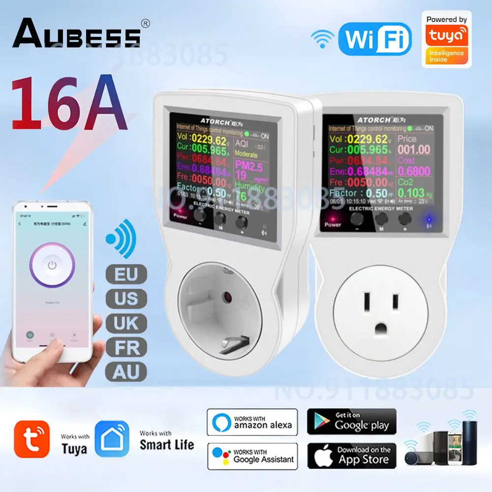 16A Tuya WIFI Smart Socket EU/FR/US/UK/AU Digital Wattmeter Energy Meter AC85-256V Power Energy Plug Outlet Support Alexa Google