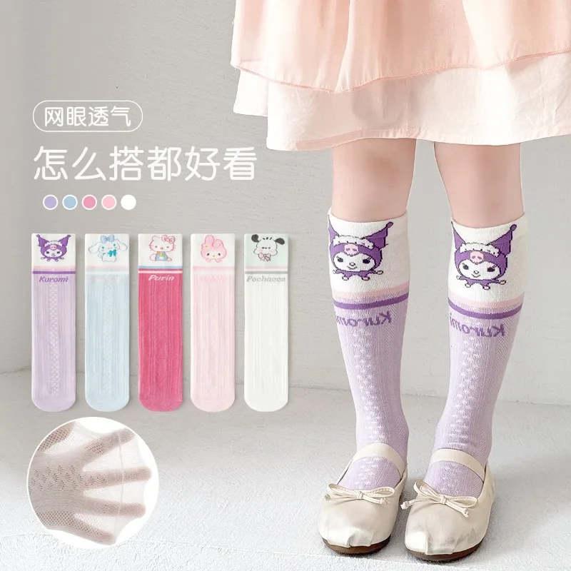 

New Summer Girls Mesh Socks Anime Kuromi Melody Cinnamoroll Thin Comfortable Breathable Mid-Length Socks Kawaii Kids Girls Gift