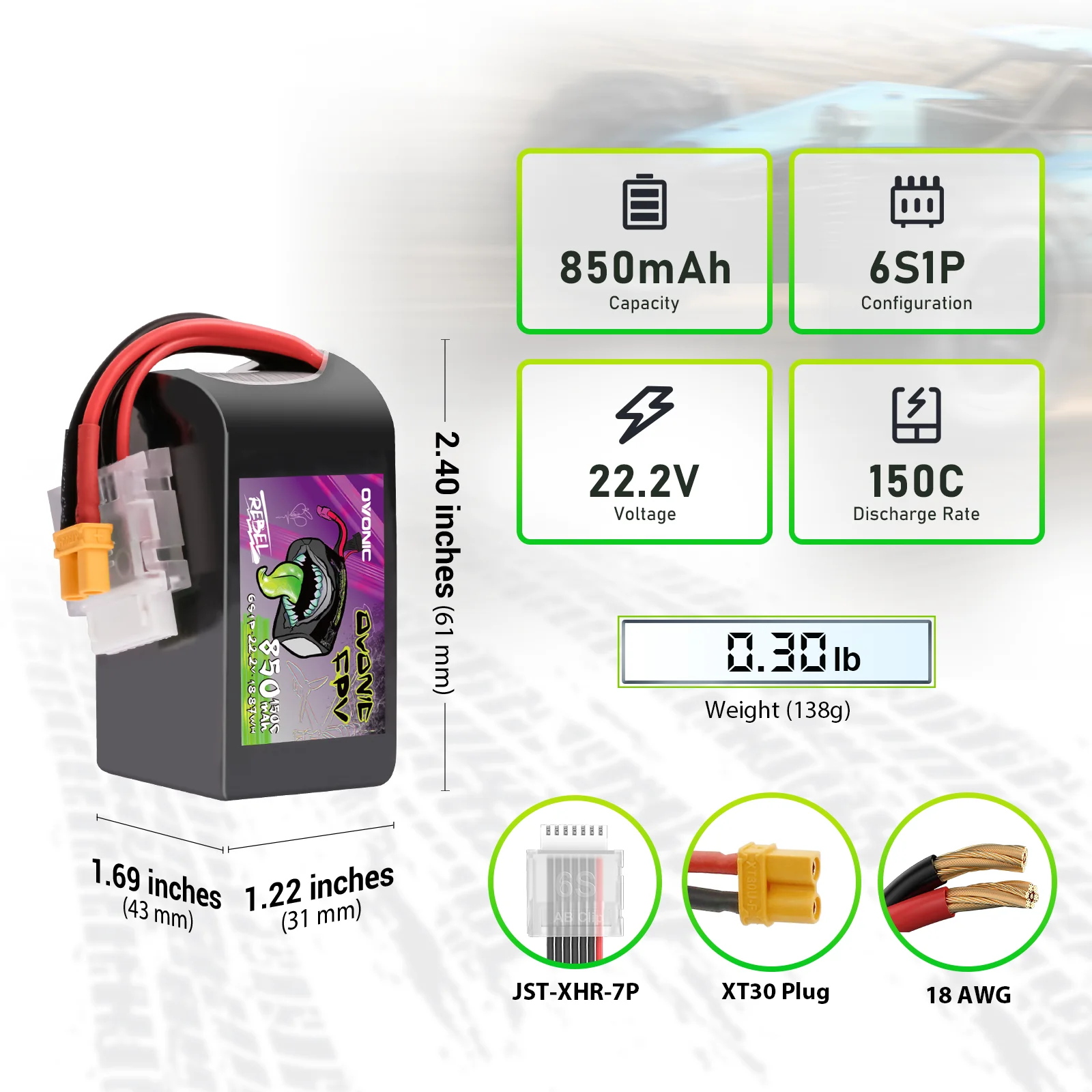 OVONIC 22.2V 150C 850mAh 6S LiPo Battery with XT30 Plug 2 Pack for 90-180mm Brushless FPV Drones Cinelog & Protek25