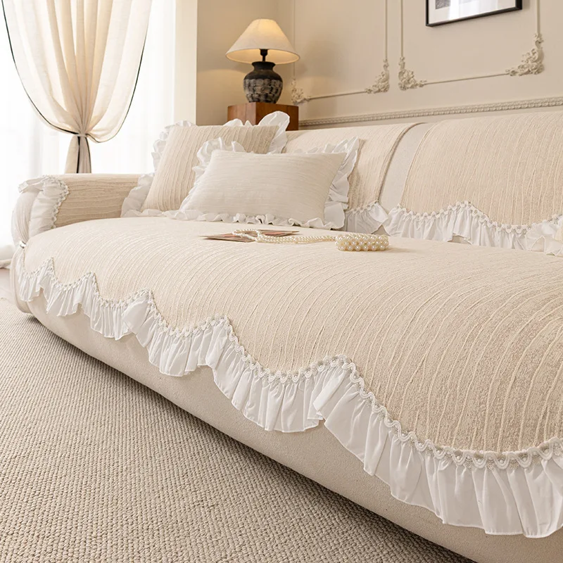 French Chenier Sofa Cushion with Skirt Edge High-End Thick Solid Non-Slip Sofa Cover for Living Room Cozy Easy-Care Couch Covers