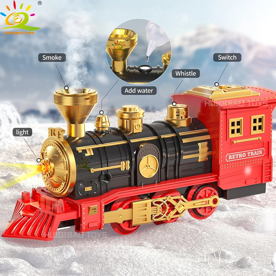 HUIQIBAO Weihnachten Elektrische Zug Spielzeug Set Retro Klassische Lokomotive Motor Fracht Auto Lange Spur Spielzeug Mit Licht und Geräusche Rauch