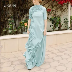 GORGA High Neck 3D Flowers Crepe Evening Dresses Saudi Arabia Hlaf Sleeve Straight Formal Occasion Dress Floor-Length Party Gown