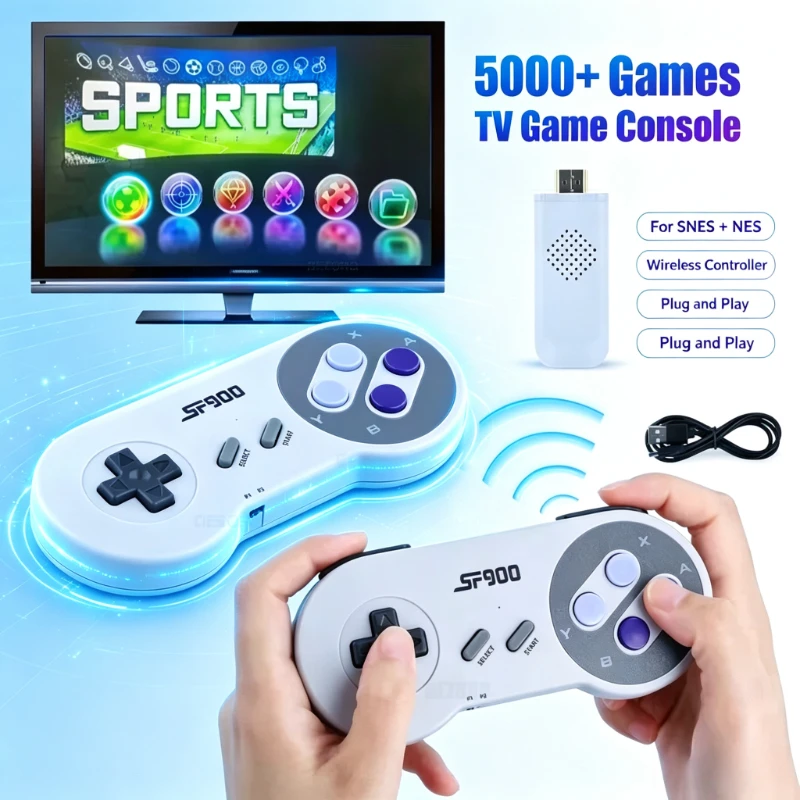 Retro Gaming Mister - ワイヤレスゲームパッドSF900 16ビットレトロHDコンソール、5000種類のクラシックゲーム内蔵、スーパーニンテンドーと互換性あり、ファミリーゲームプレーヤー