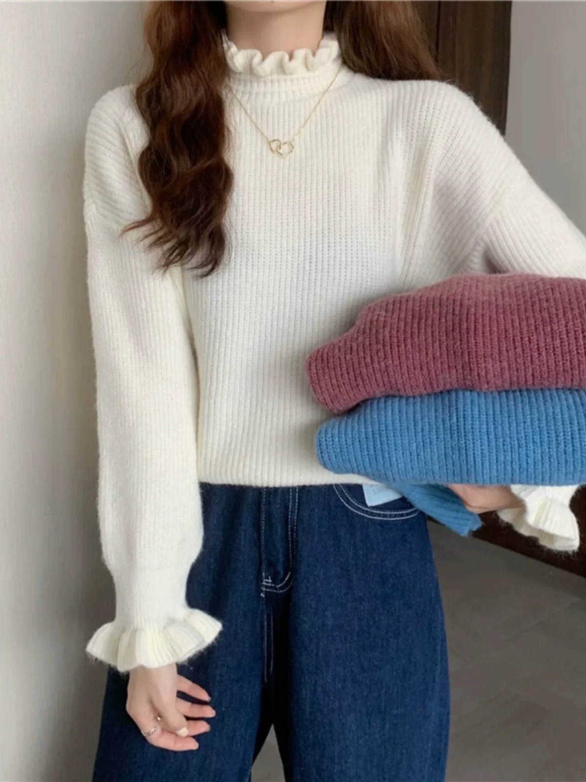 

Модный вязаный свитер, женский осенне-зимний внутренний свитер с высоким воротником, топ из мягкого хлопка и полиэстера, длинный...